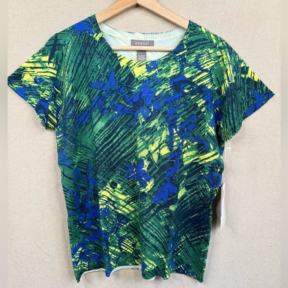 KENAR Blue Green Silk Blend Daphne Knit Top Sz L Multicolor Print Short Sleeve
